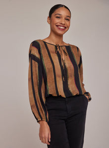 Tie Up Pullover Top | Golden Stripes Print