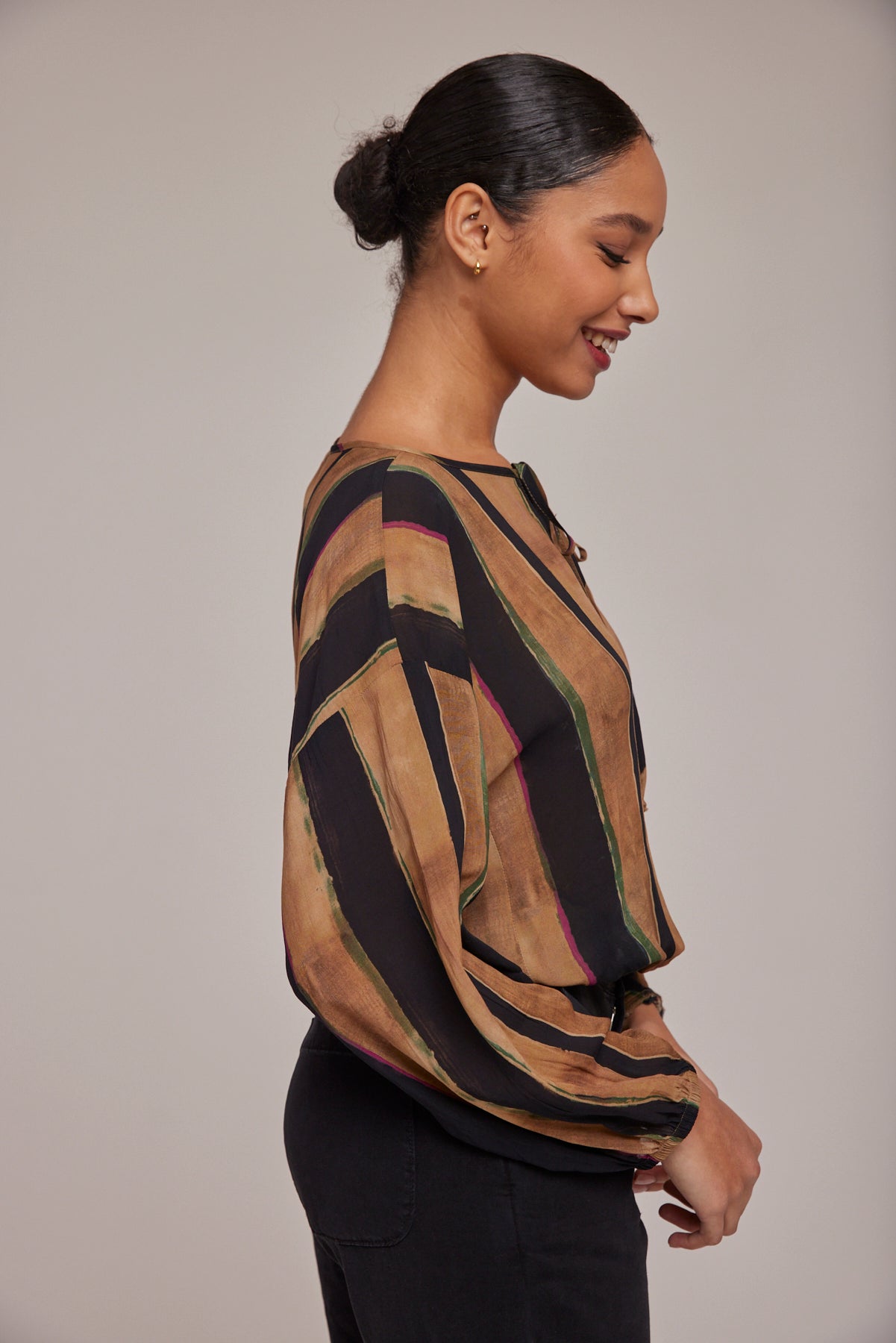 Tie Up Pullover Top | Golden Stripes Print