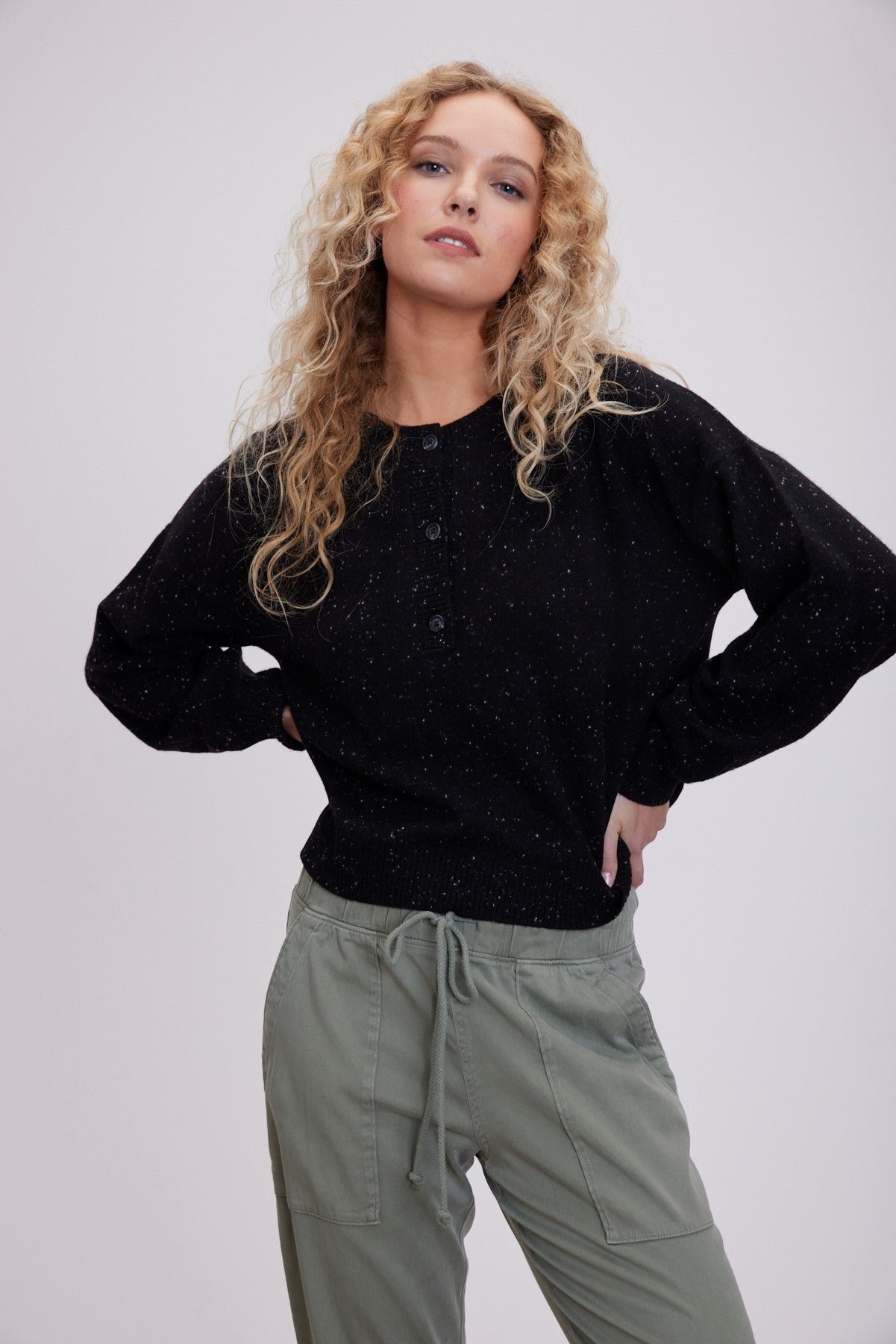 Cashmere Henley Sweater - Black Speckle