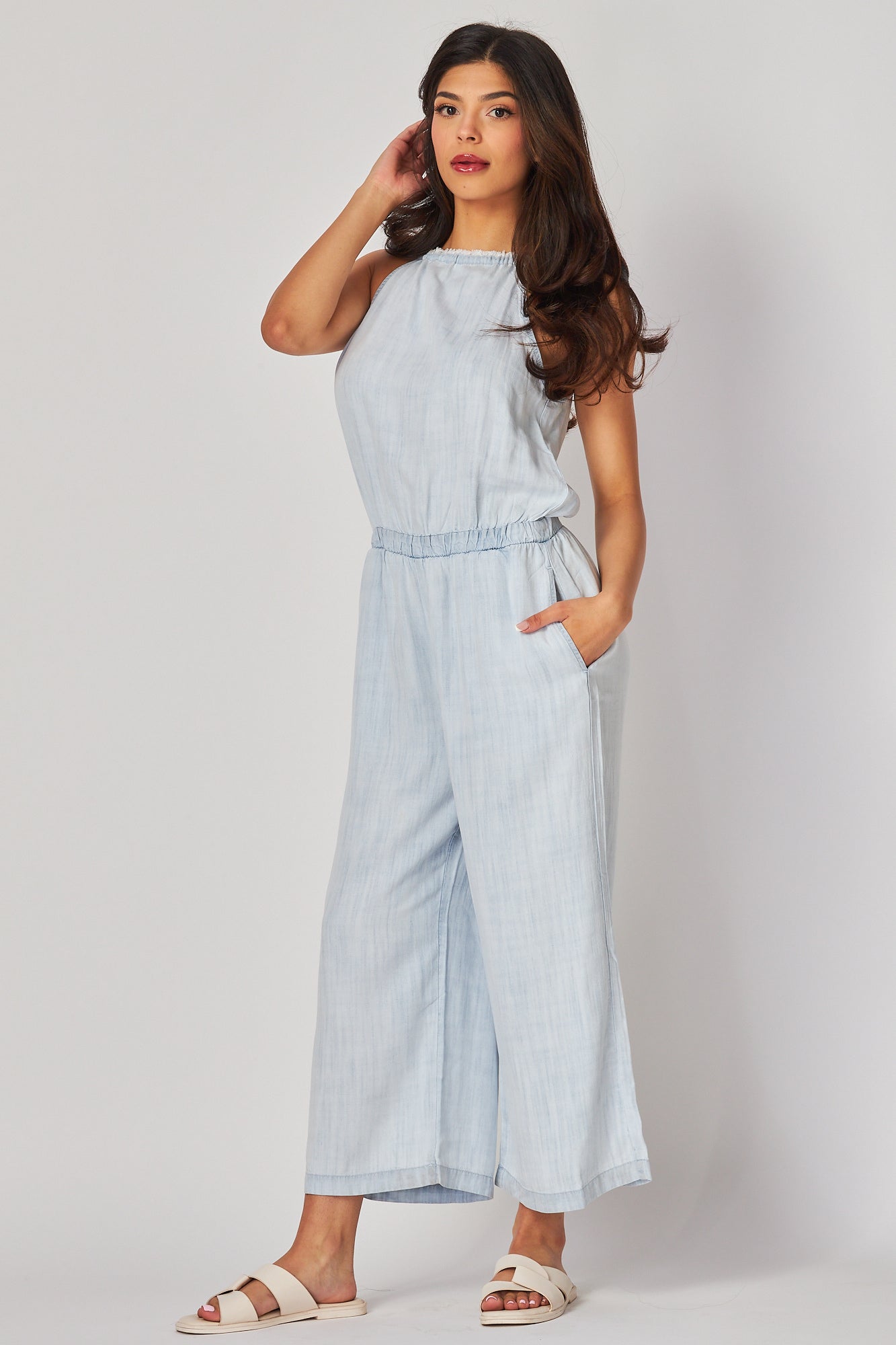 Fray Neck Wide Leg Jumpsuit | Desert Sky Wash