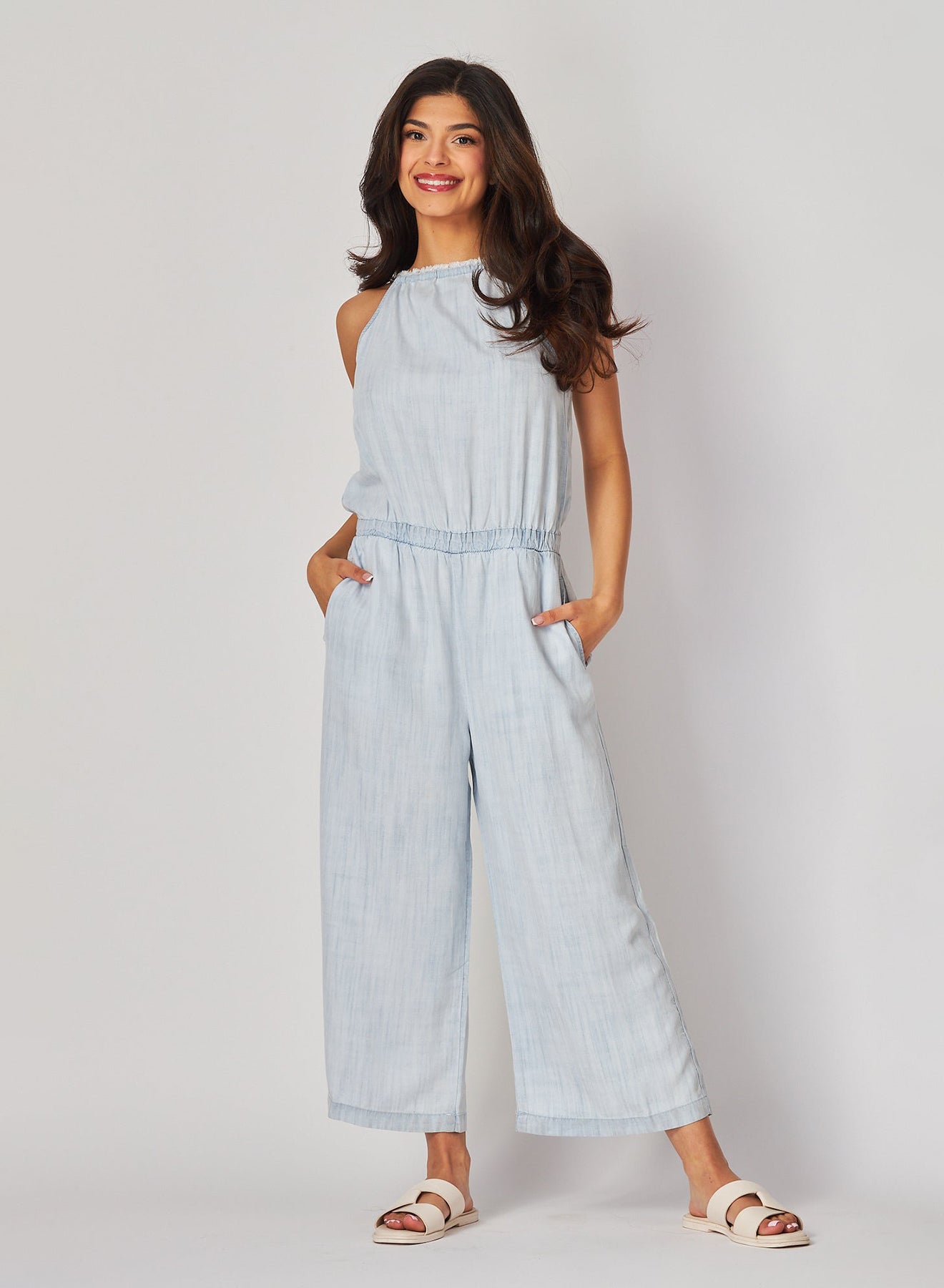 Fray Neck Wide Leg Jumpsuit | Desert Sky Wash