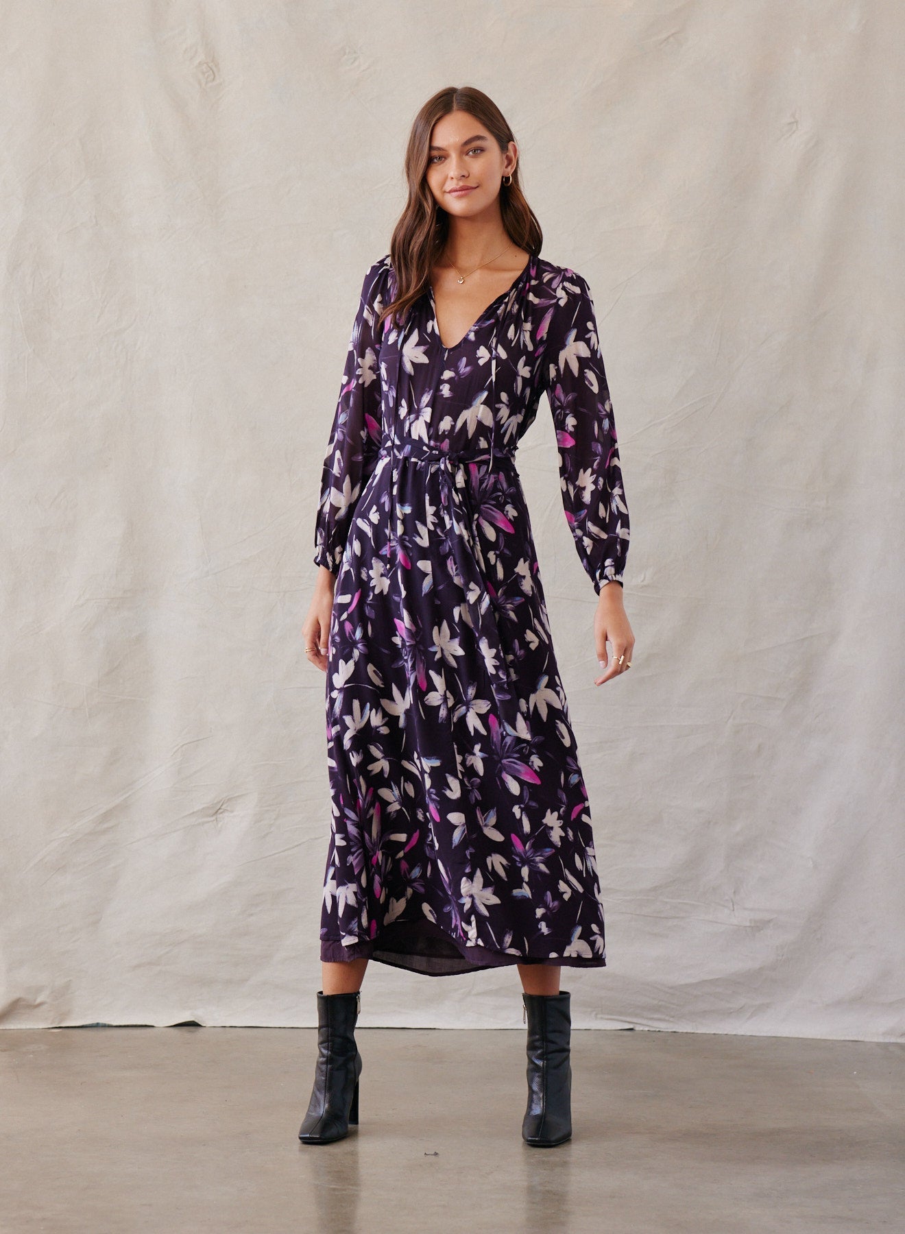 Smocked Back Maxi Dress - Floral Plum Print