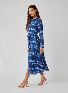 Long Sleeve Pleated Maxi Shirt Dress | Ocean Tides Print
