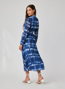 Long Sleeve Pleated Maxi Shirt Dress | Ocean Tides Print