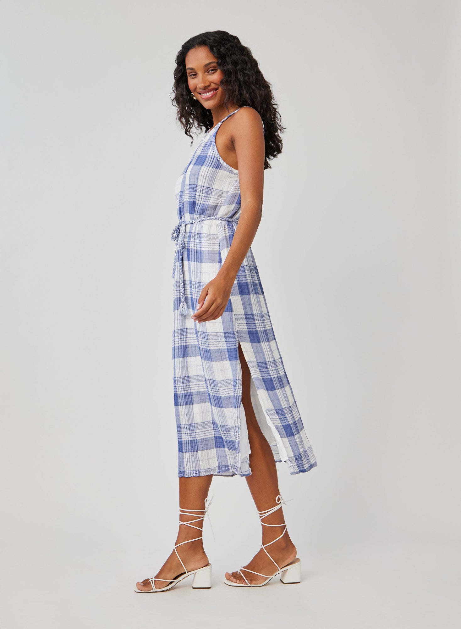 Braided Halter Midi Dress | Pacific Blue Plaid