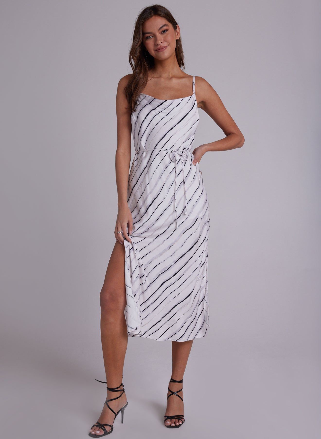 Belted Bias Slip Dress - Frosted Stripe Print