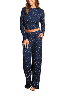 Womens | Ultra Soft Rib Lettuce Hem Wide Leg Pant | Marine/Pink Peonie