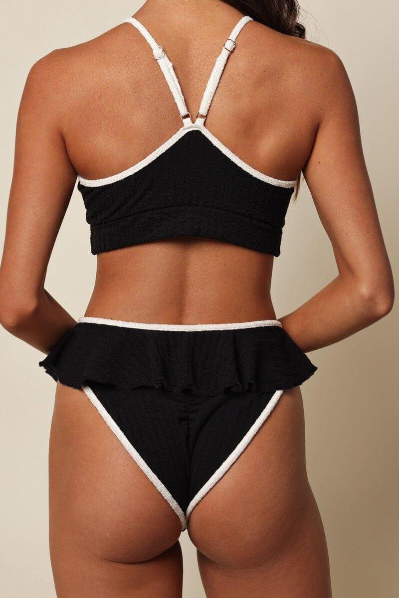 X Tamarindo Ruffle Bikini Bottom | Black Cream Binded Terry Rib
