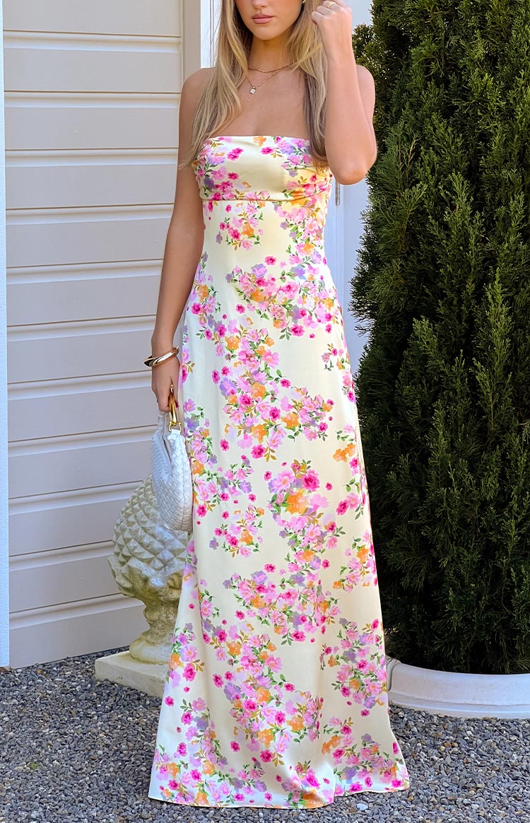 Blaise Bloom Satin Maxi Dress | Yellow