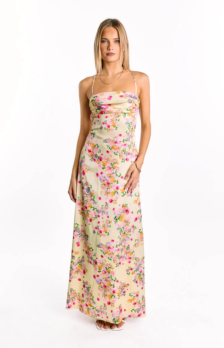 Blaise Bloom Satin Maxi Dress | Yellow
