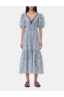 Blue Floral Printed Cotton Long Smock Dress | Glacier Lake