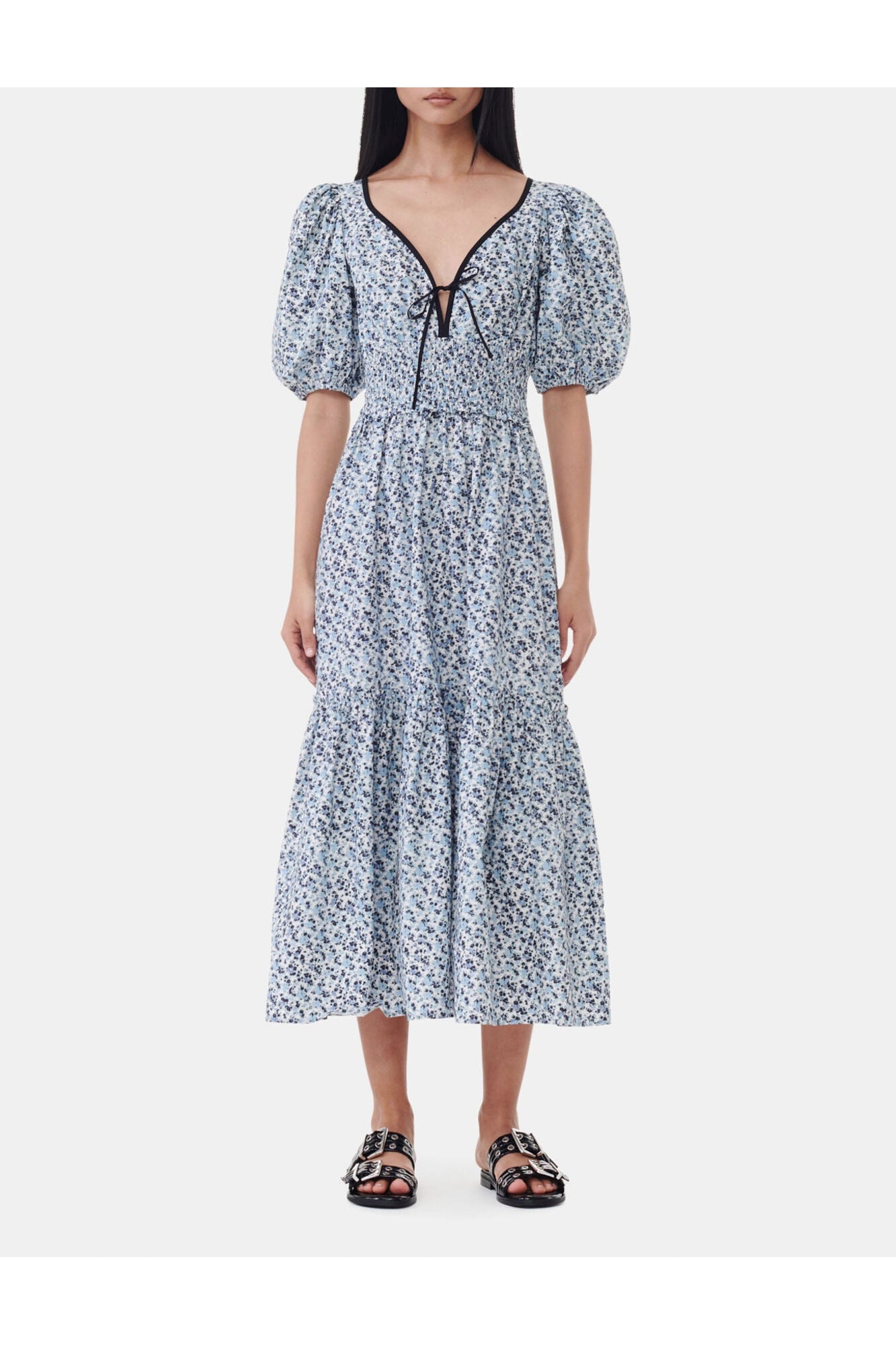 Blue Floral Printed Cotton Long Smock Dress | Glacier Lake