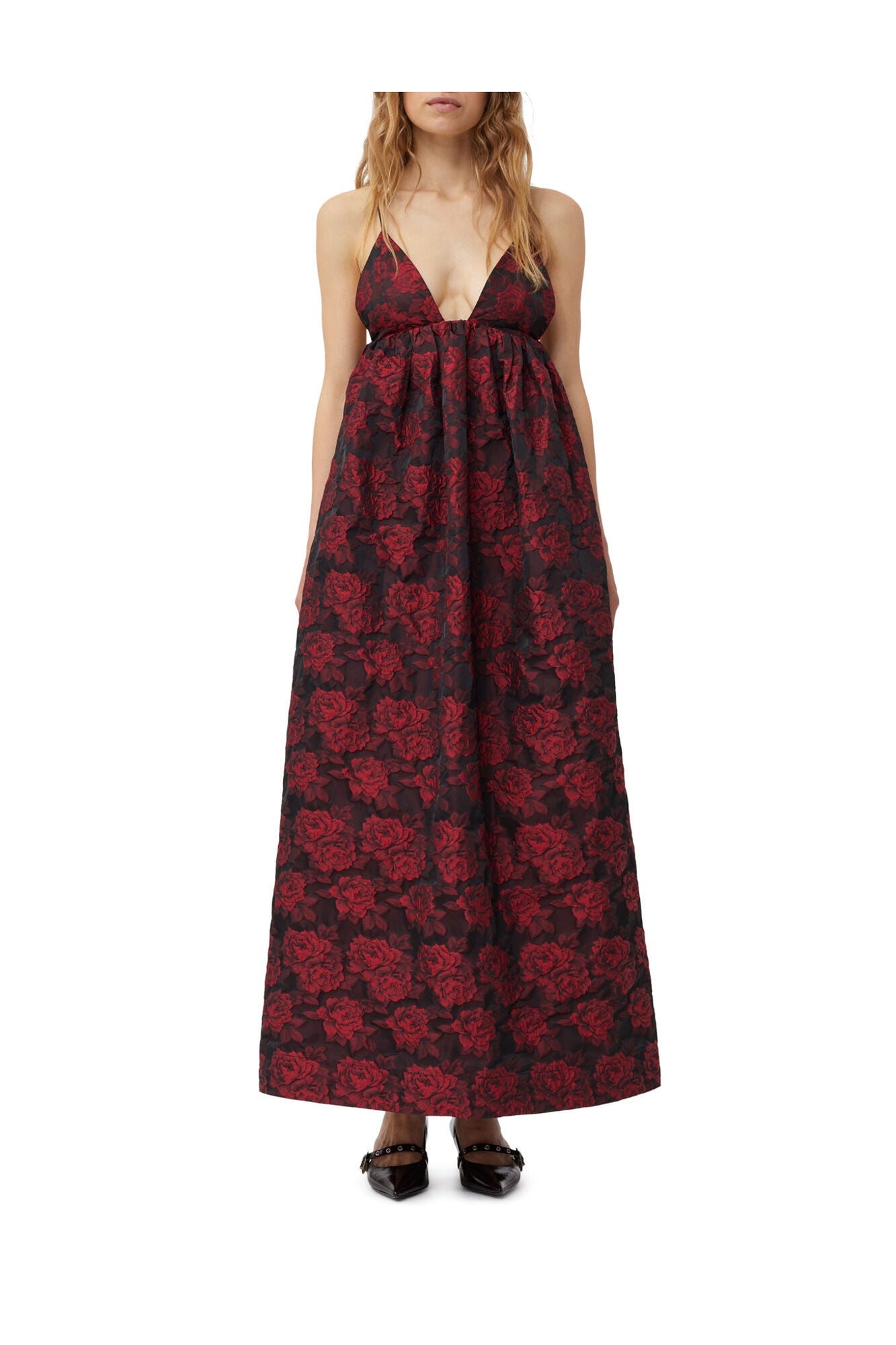 Botanical Jacquard Long Strap Dress | High Risk Red