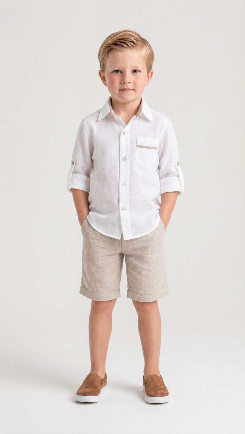 Boy | Ashton Linen Top and Shorts Set | White x Beige