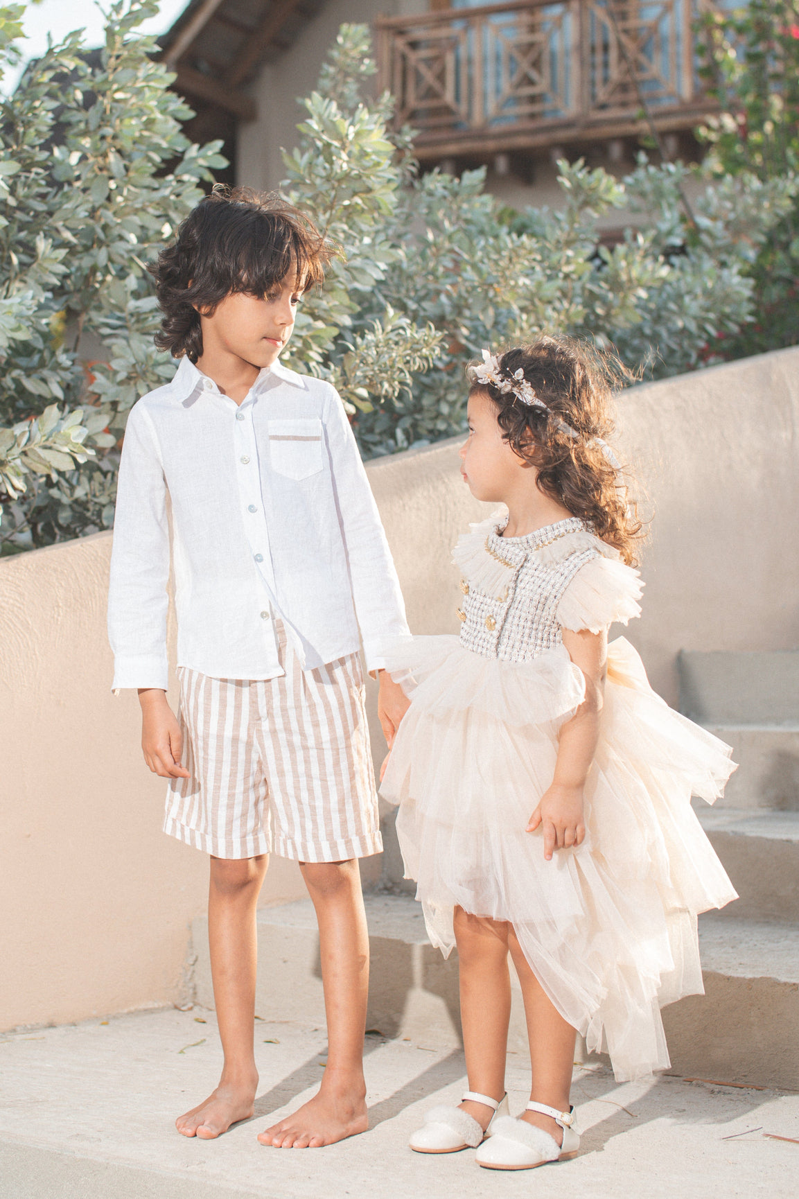 Boy | Ashton Striped Linen Shorts and Top Set | White x Beige