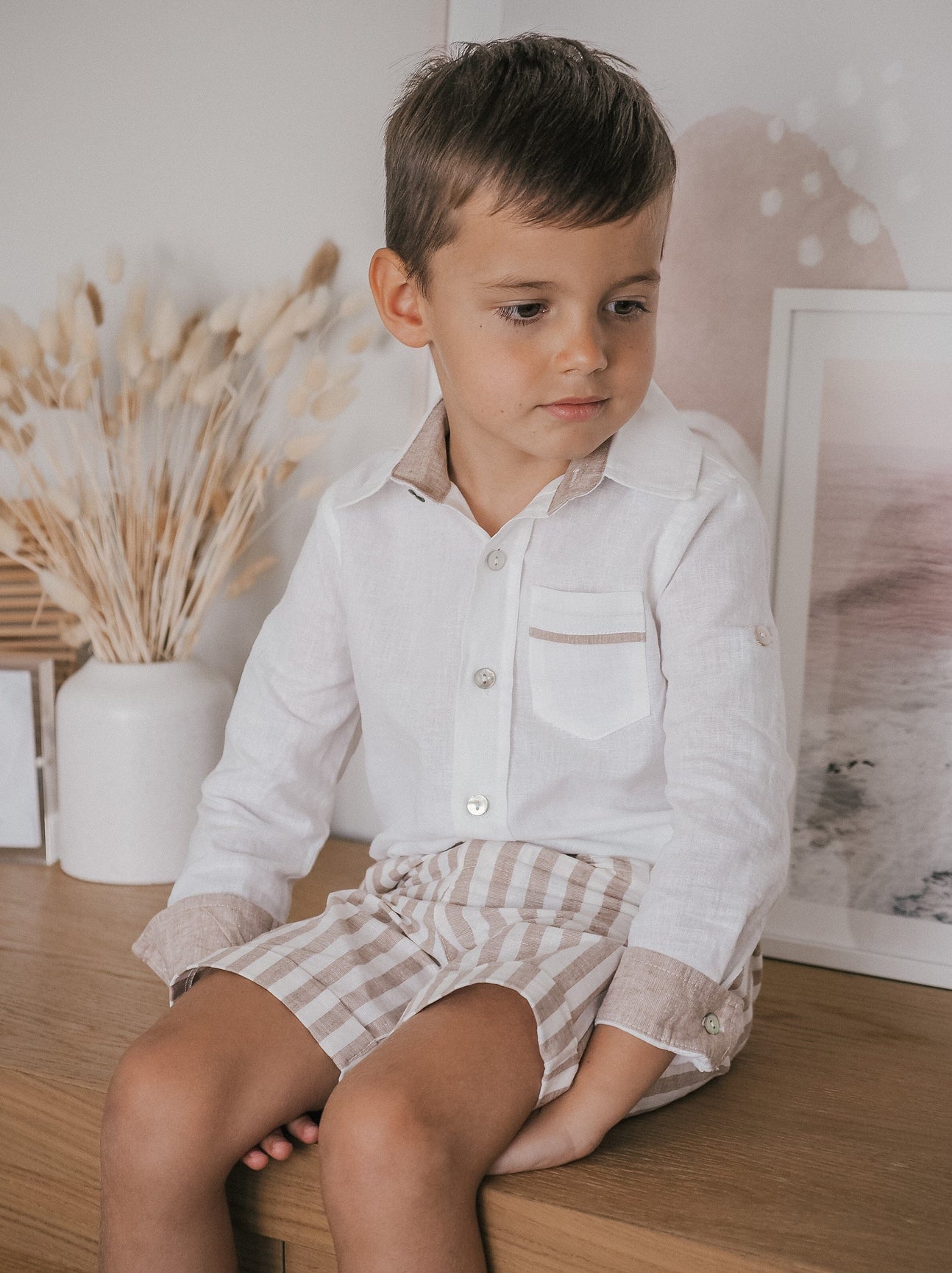 Boy | Ashton Striped Linen Shorts and Top Set | White x Beige
