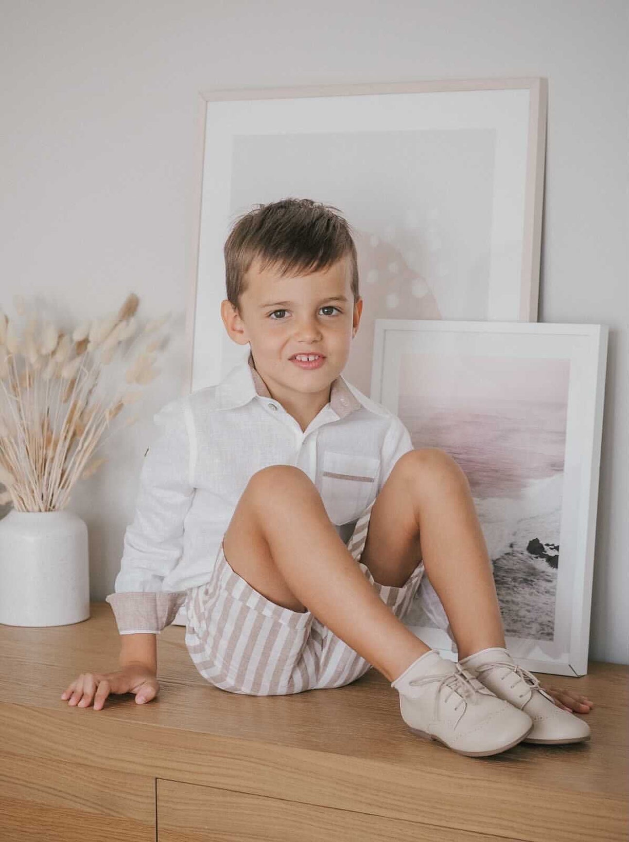 Boy | Ashton Striped Linen Shorts and Top Set | White x Beige