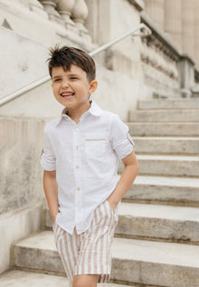 Boy | Ashton Striped Linen Shorts and Top Set | White x Beige