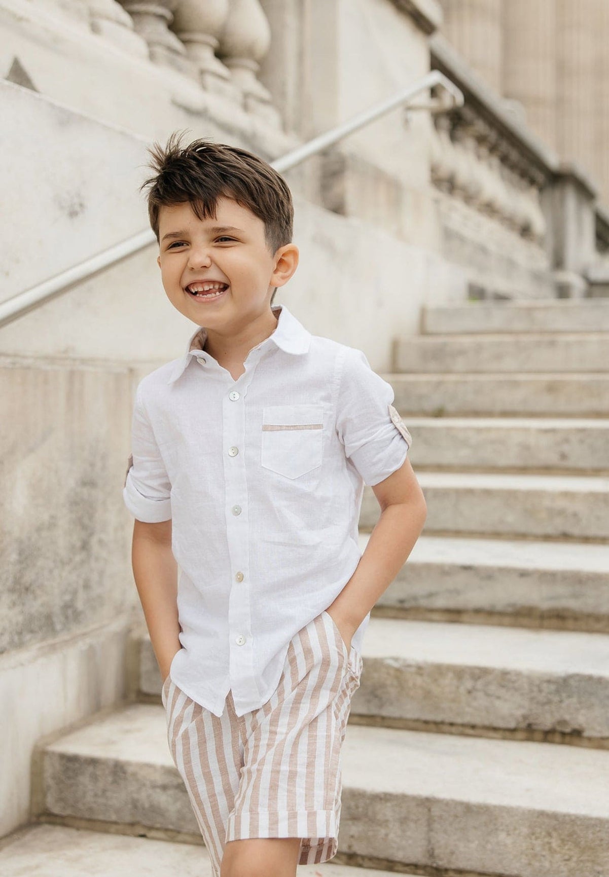 Boy | Ashton Striped Linen Shorts and Top Set | White x Beige