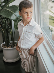 Boy | Ashton Striped Linen Shorts and Top Set | White x Beige