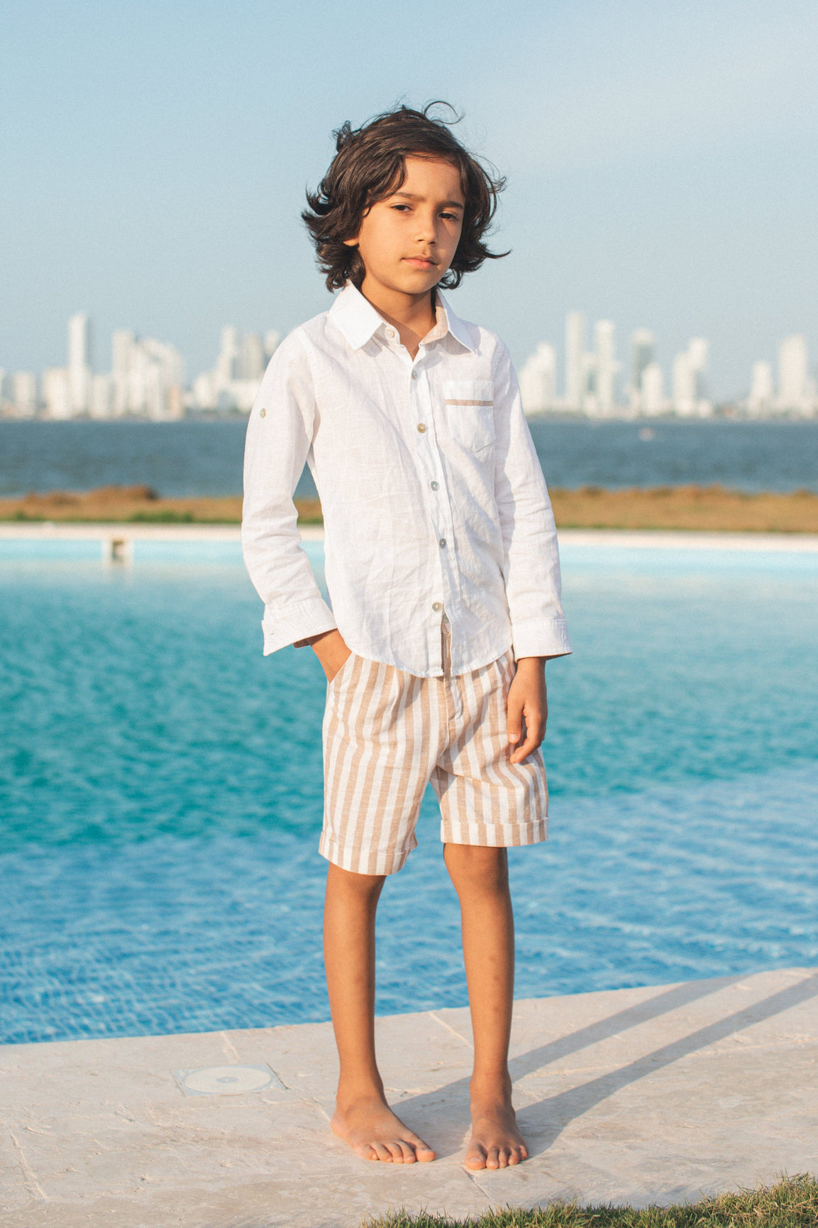 Boy | Ashton Striped Linen Shorts and Top Set | White x Beige