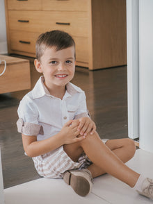Boy | Ashton Striped Linen Shorts and Top Set | White x Beige