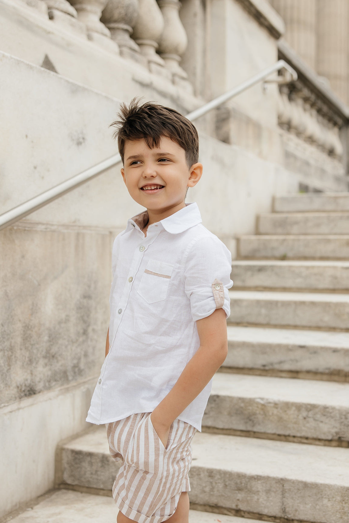 Boy | Ashton Striped Linen Shorts and Top Set | White x Beige