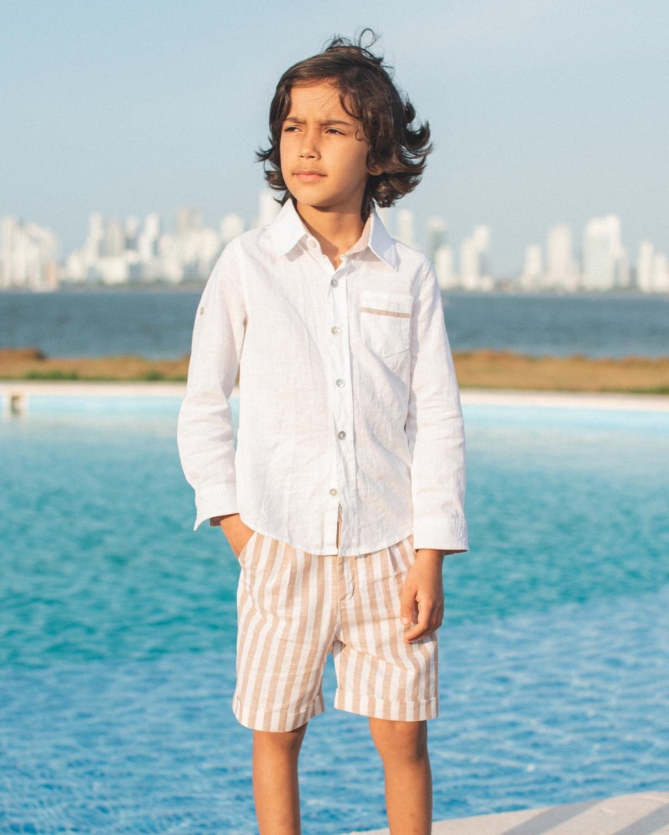 Boy | Ashton Striped Linen Shorts and Top Set | White x Beige
