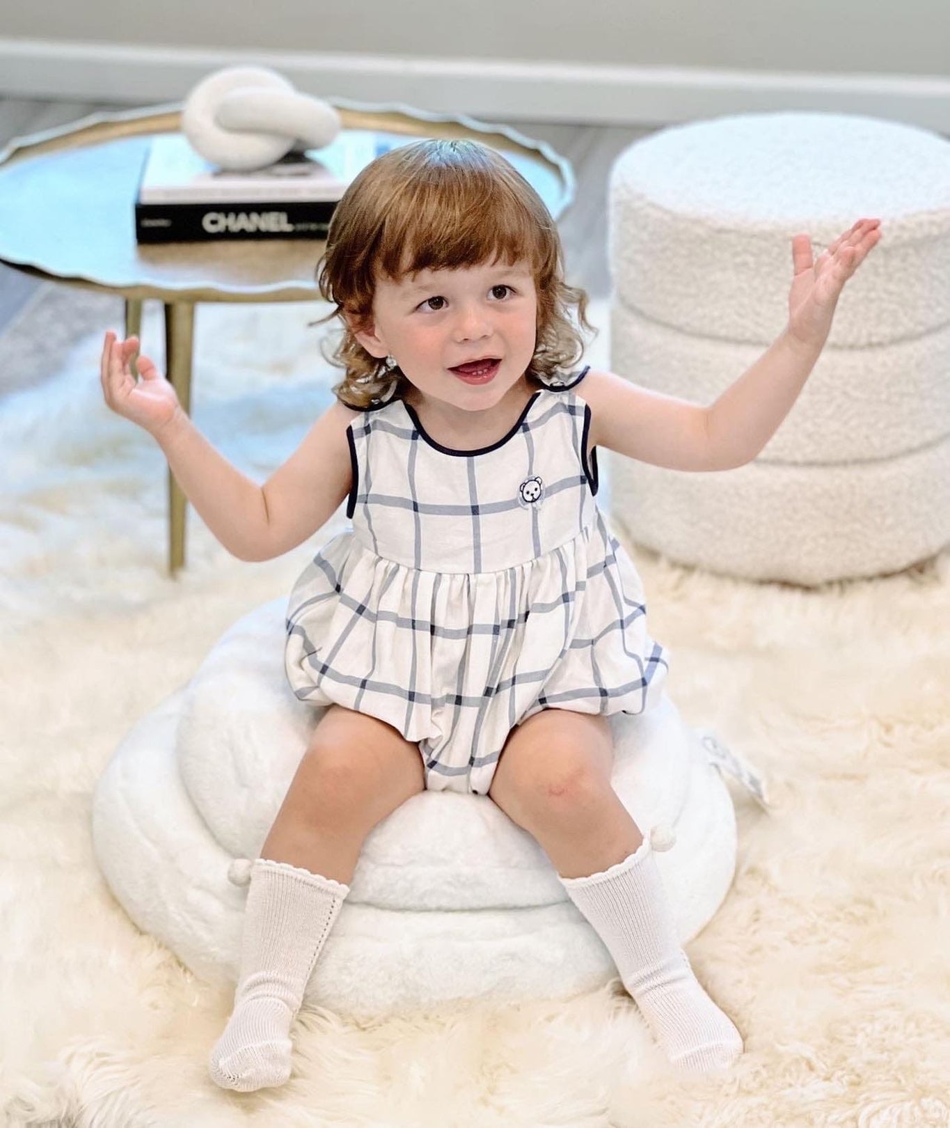 Boy | Checkered Linen Baby Boy Romper | White x Navy