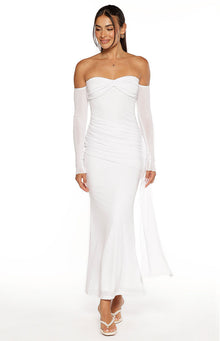 Front view of a white strapless maxi dress with a twisted bust, ruched sides, and detached long sleeves