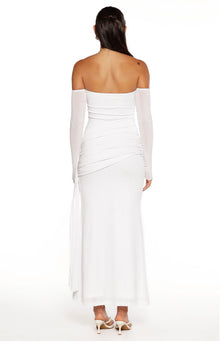 Rear view of a white off-shoulder maxi dress with sheer long sleeves and ruched detailing on the back