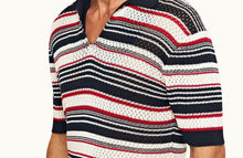Bruno Stripe Crochet Stripe Mercerised Organic Cotton Polo Shirt | Matchstick/Night Iris