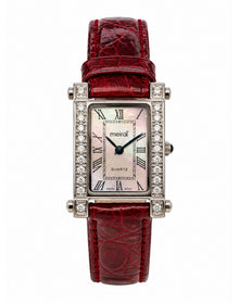 Burgundy Diamond Rectangular Watch Genuine Leather Band Vintage | Silver