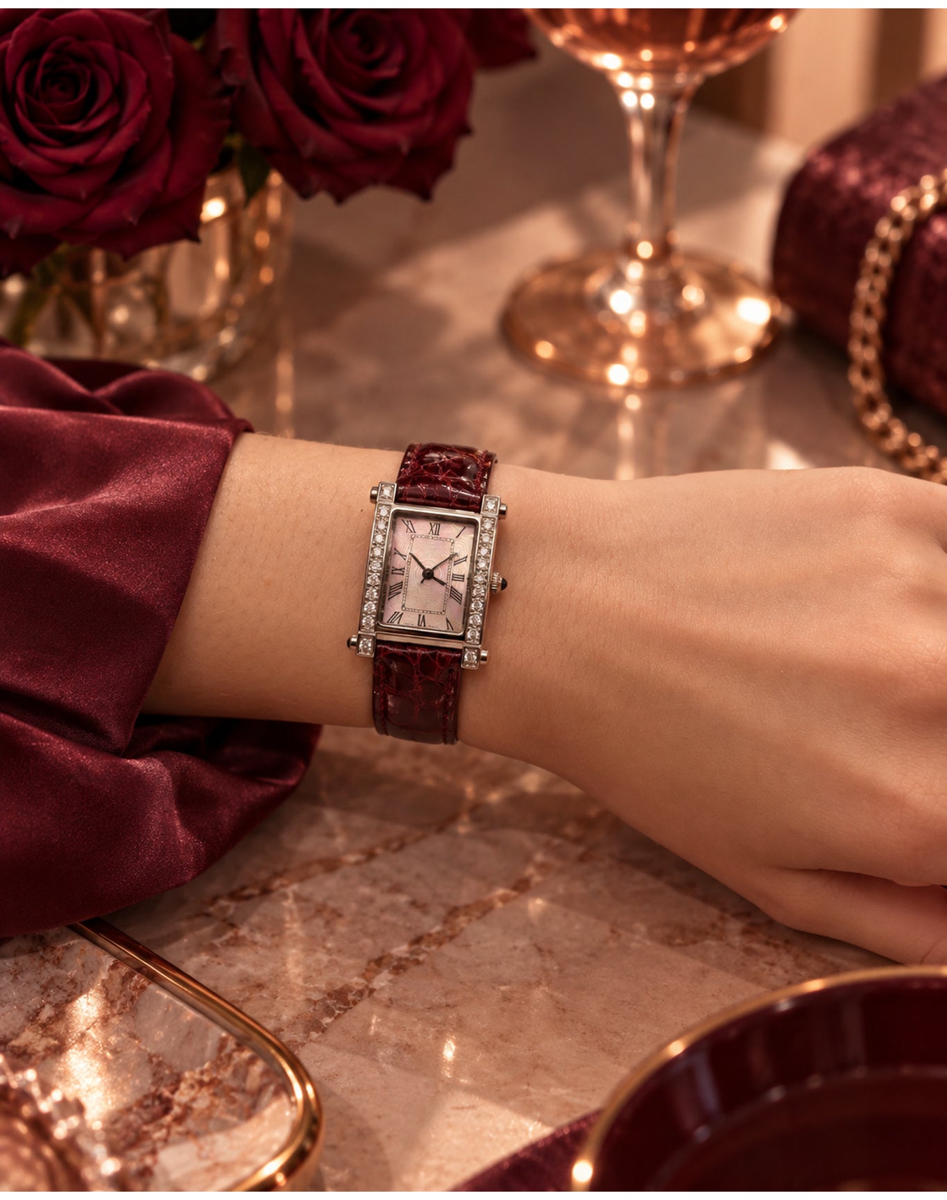 Burgundy Diamond Rectangular Watch Genuine Leather Band Vintage | Silver
