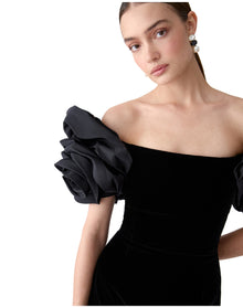 Off Shoulder Flower Sleeve Mini Dress | Black