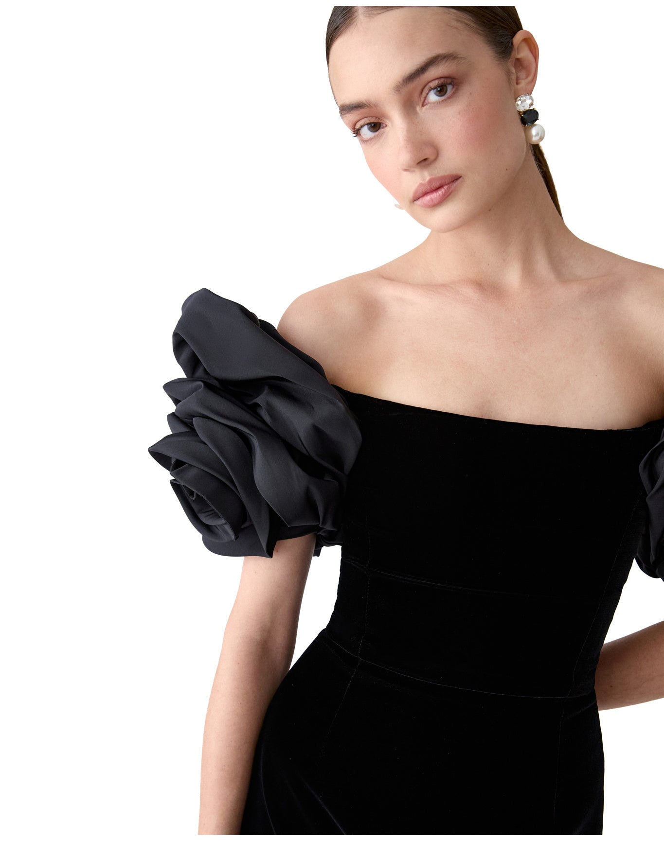Off Shoulder Flower Sleeve Mini Dress | Black