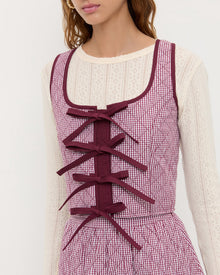 Callista Tie-Front Vest in quilted cotton maroon gingham.