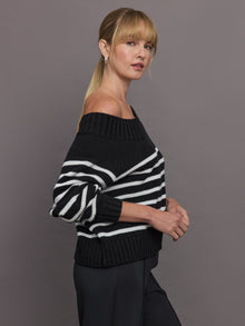 Carbon38 | Wool Blend Slouchy Knit Sweater | Black / White Stripe