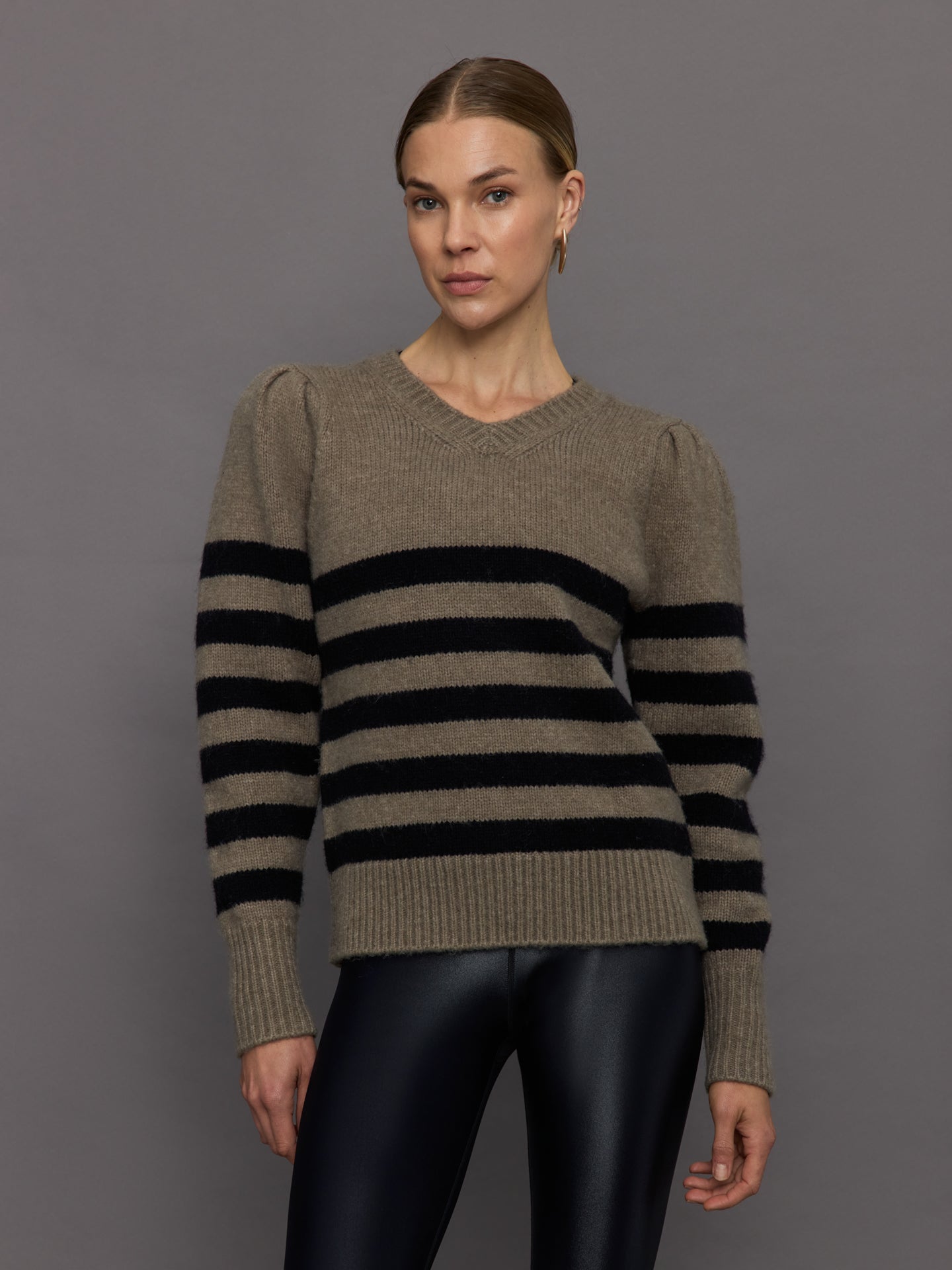 Carbon38 | Striped Puff Sleeve Sweater | Stone/ Black