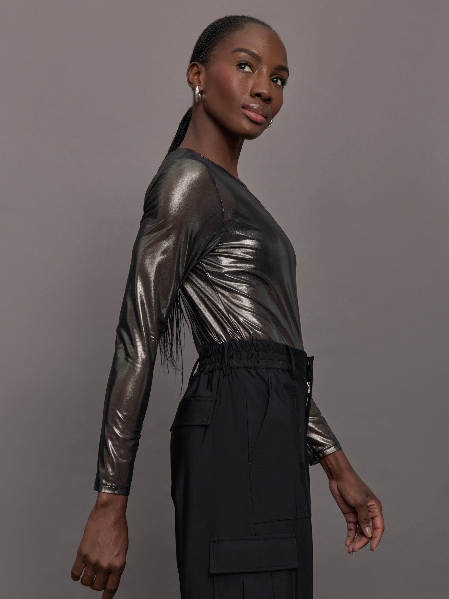Silver Mesh Long Sleeve Top | Grey Mesh