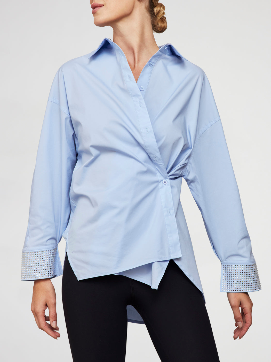 Carbon38 | Rhinestone Oversized Button Up Shirt | Blue With Silver Rhinestones