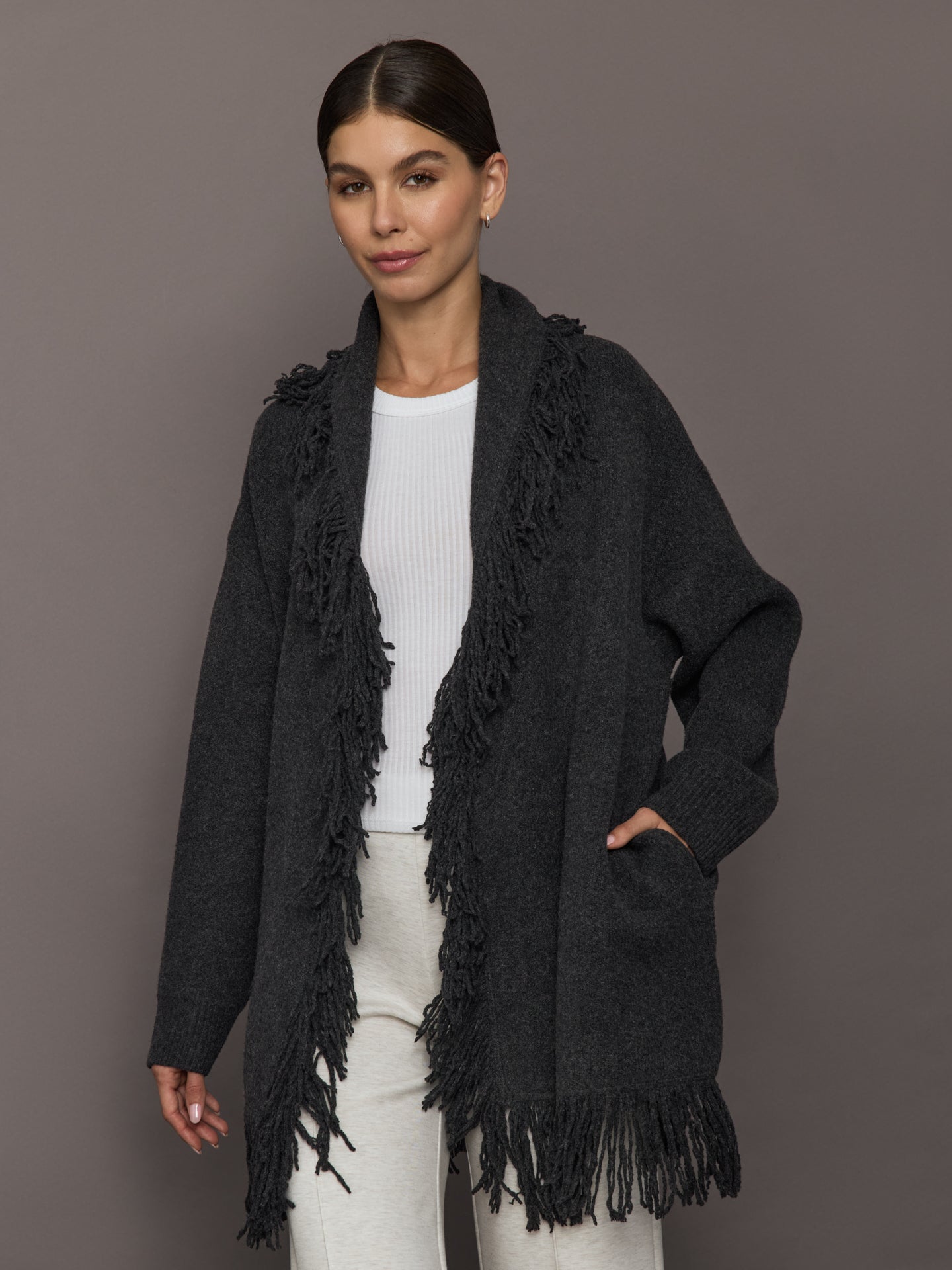 Tassel Shawl Collar Sweater | Charcoal