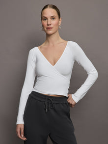 Long Sleeve Wrap Top in Ribbed Jersey | White