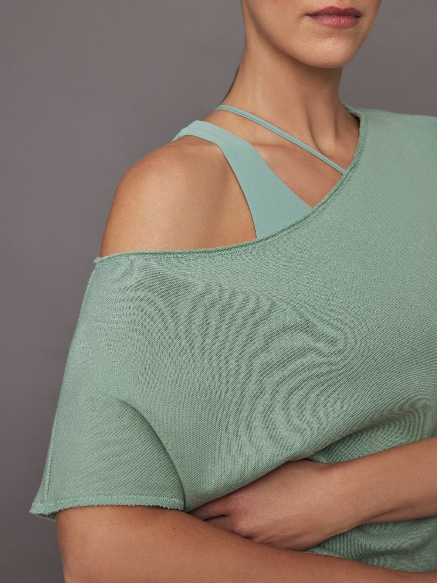 Short Sleeve Off Shoulder Sweatshirt in French Terry | Granite Green