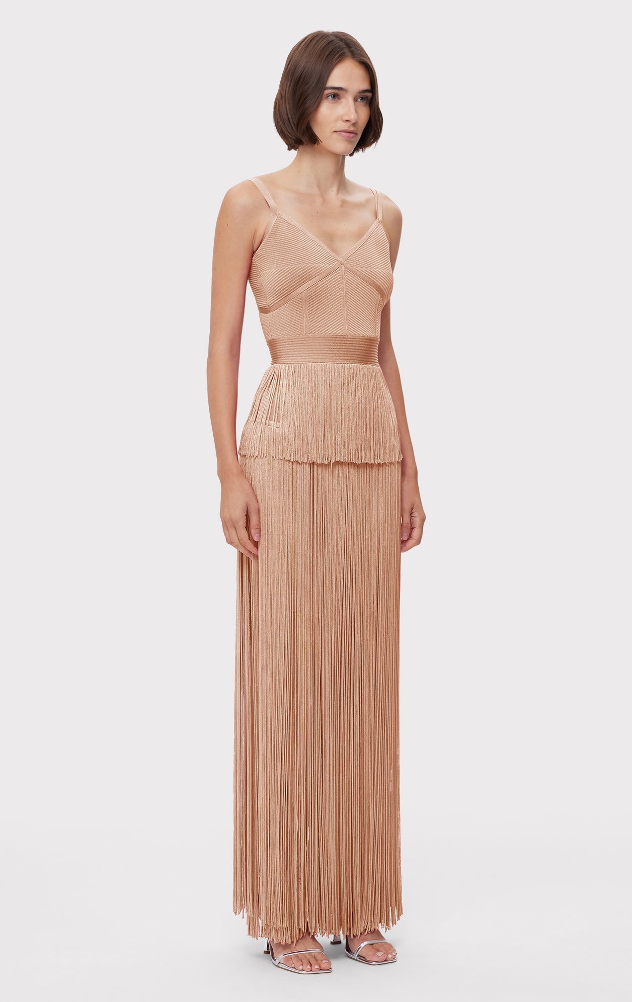 Icon Metallic Ottoman Fringe Gown | Metallic Rose Gold