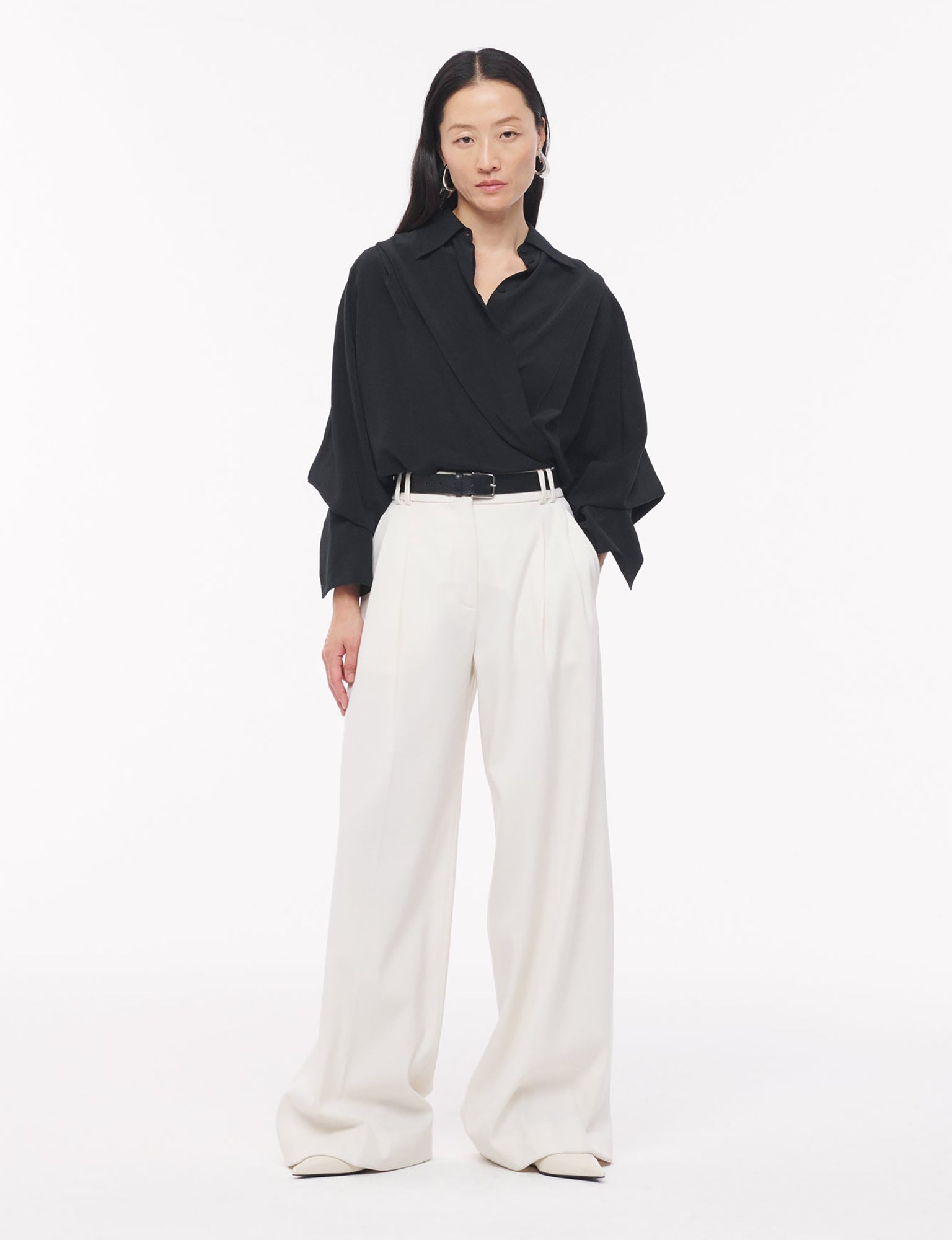 Women | Silk Pleated Wrap Shirt | Black