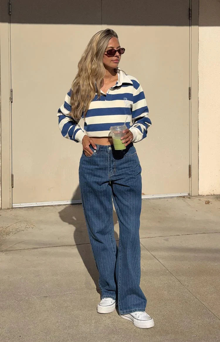 Calliope Pinstripe Mid Rise Slouchy Jeans | Mid Wash