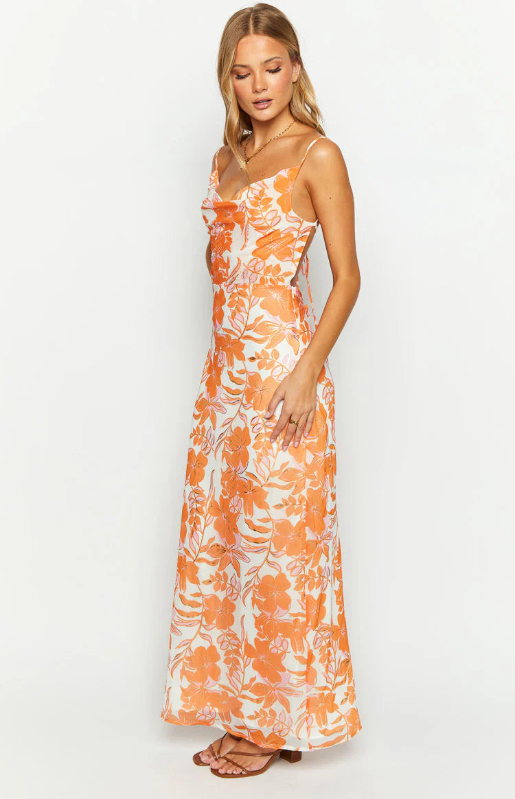 Cambri Floral Chiffon Maxi Dress | Orange