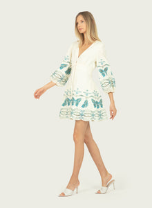Priscilla Dress | Creme x Multi-Blue Embroidery