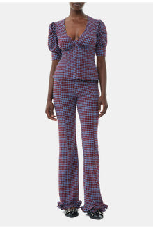 Checkered Stretch Seersucker Frill Trousers | Racing Red